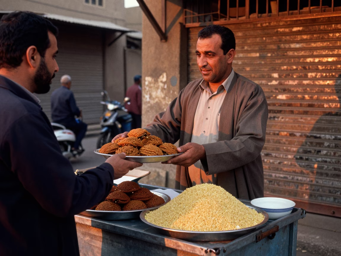 Cairo Street Vendor Selling Kibbeh and Cracked Wheat in Copper Dusk Light in in Cairo, Egypt