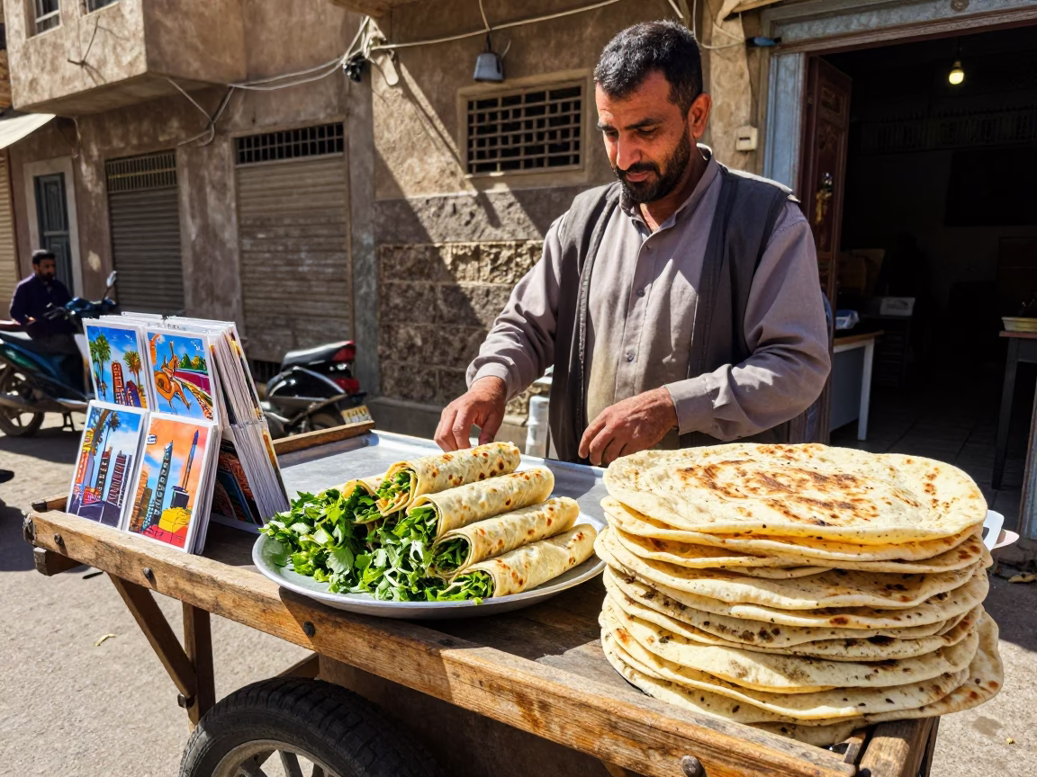 Cairo Street Vendor Selling Lahmacun and Postcards in Bright Midmorning Light in in Cairo, Egypt