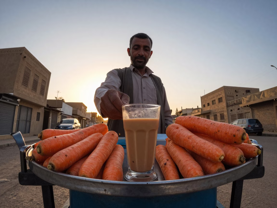 Cairo Street Vendor Selling Masala Chai and Carrots at Sunset in in Cairo, Egypt