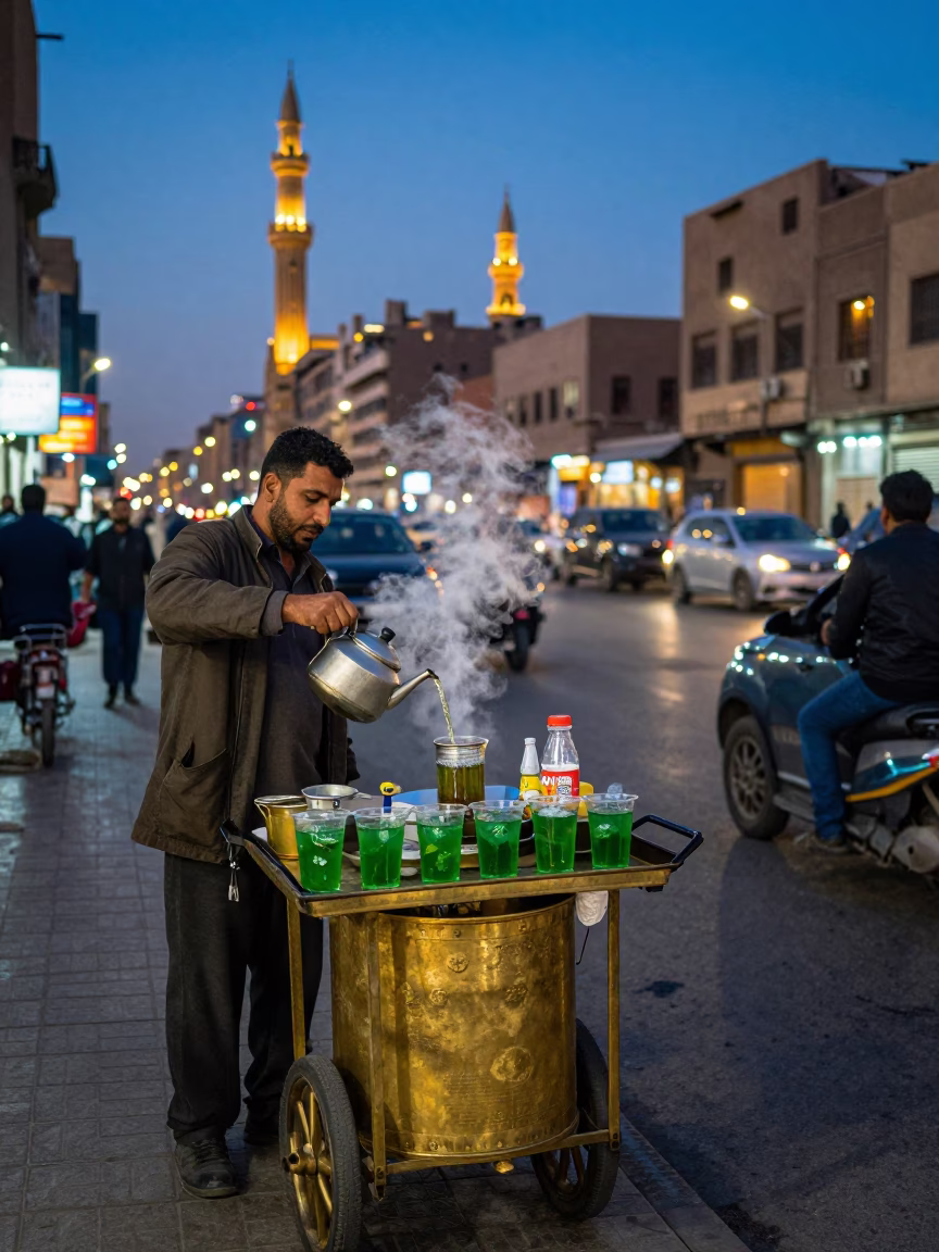 Cairo Street Vendor Selling Mint Tea at Blue Hour with City Lights in in Cairo, Egypt