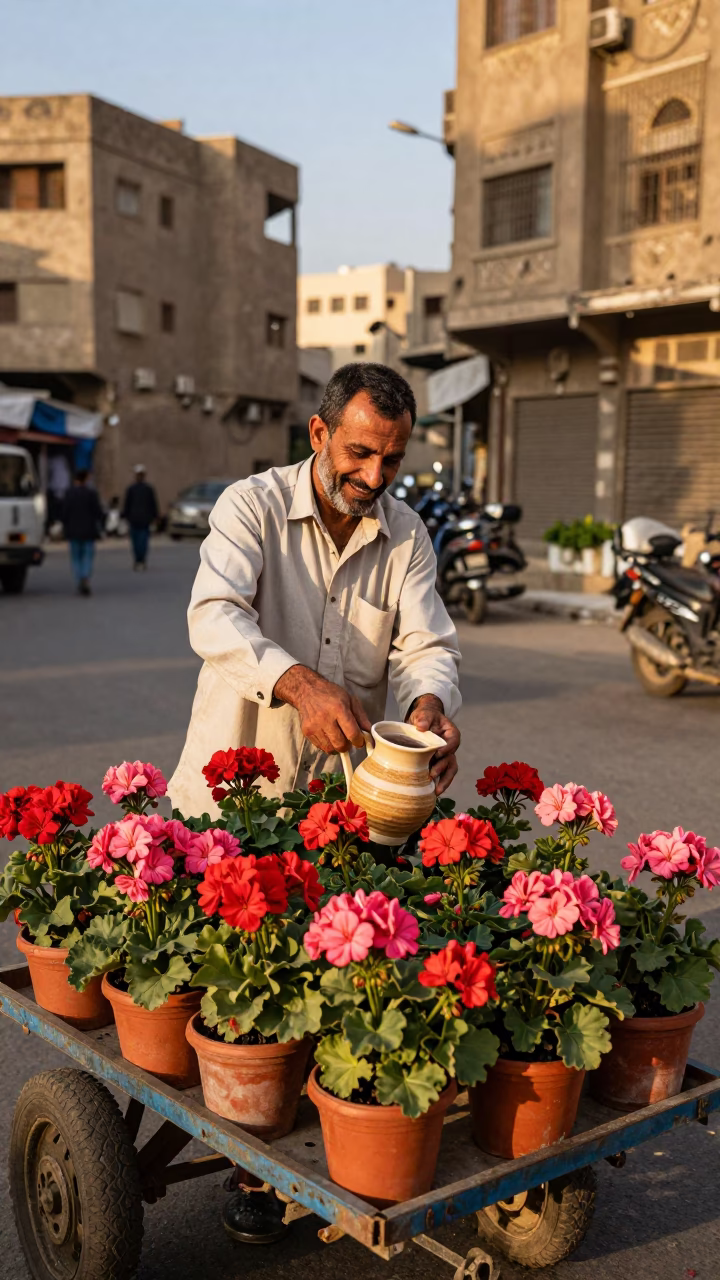 Cairo Street Vendor Selling Potted Geraniums in Late Afternoon Sunlight in in Cairo, Egypt