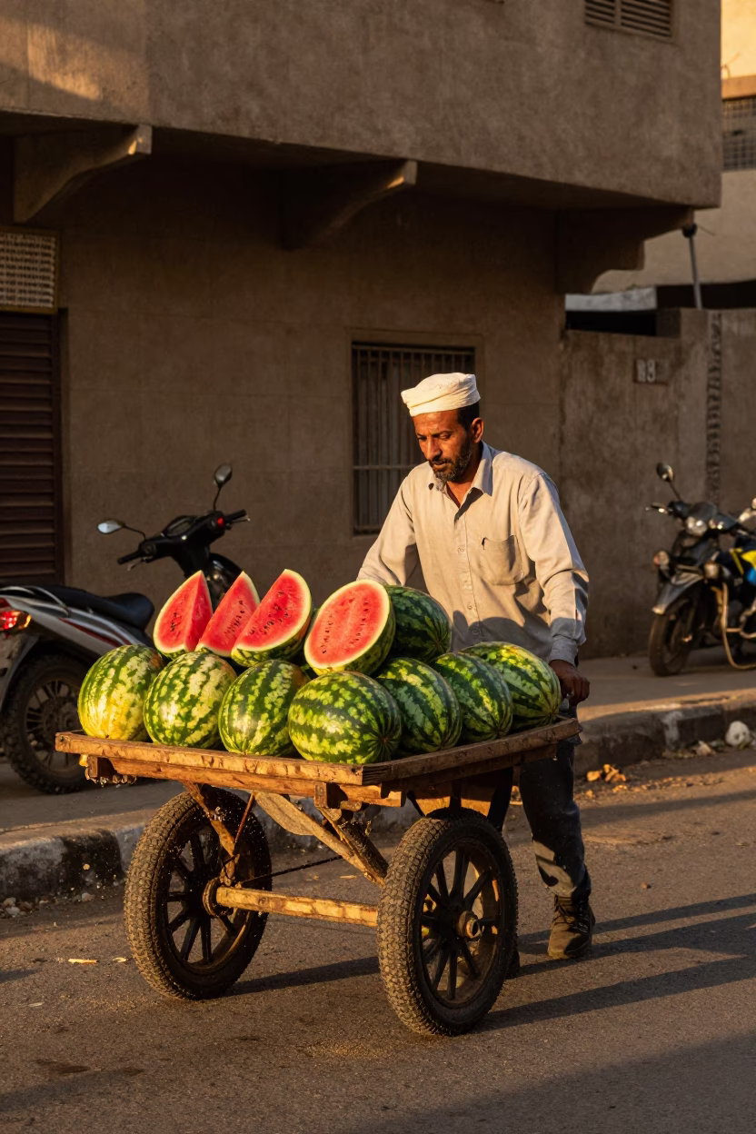 Cairo Street Vendor Selling Watermelons in Honeyed Evening Light with Accordion Musician in in Cairo, Egypt