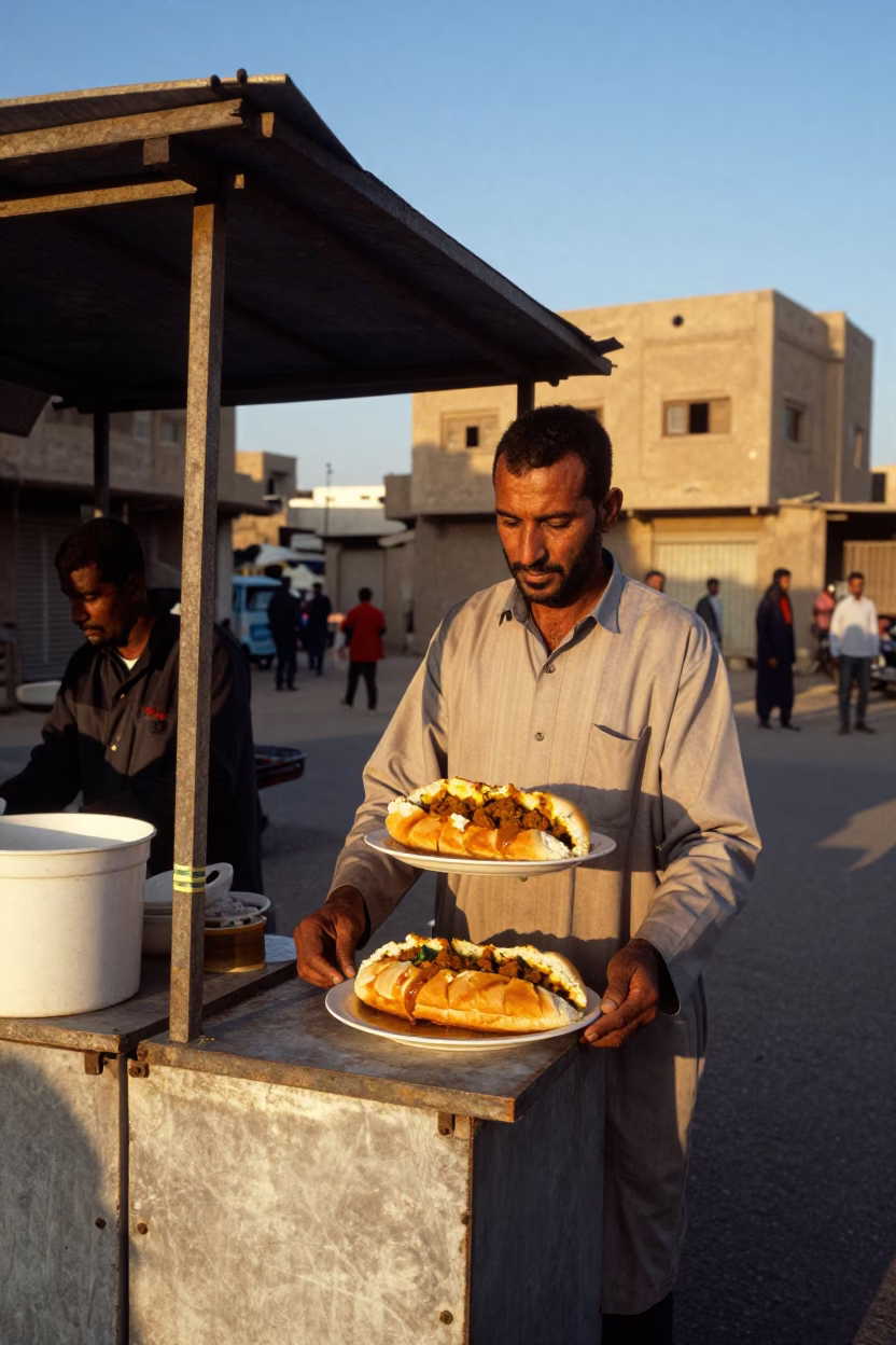 Cairo Street Vendor Serving Bunny Chow Curry at Sunset with Urban Background in in Cairo, Egypt