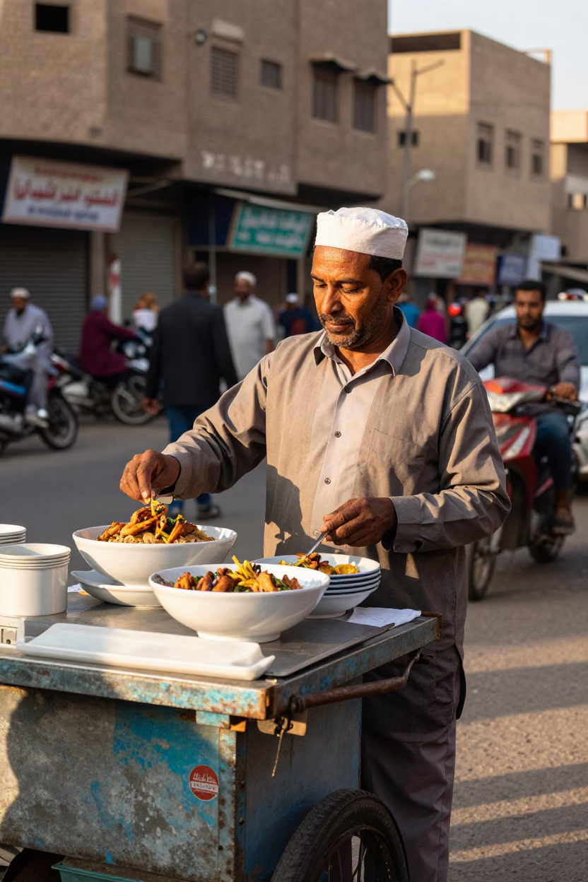 Cairo Street Vendor Serving Khao Piak Sen in Late Afternoon Sunlight in in Cairo, Egypt