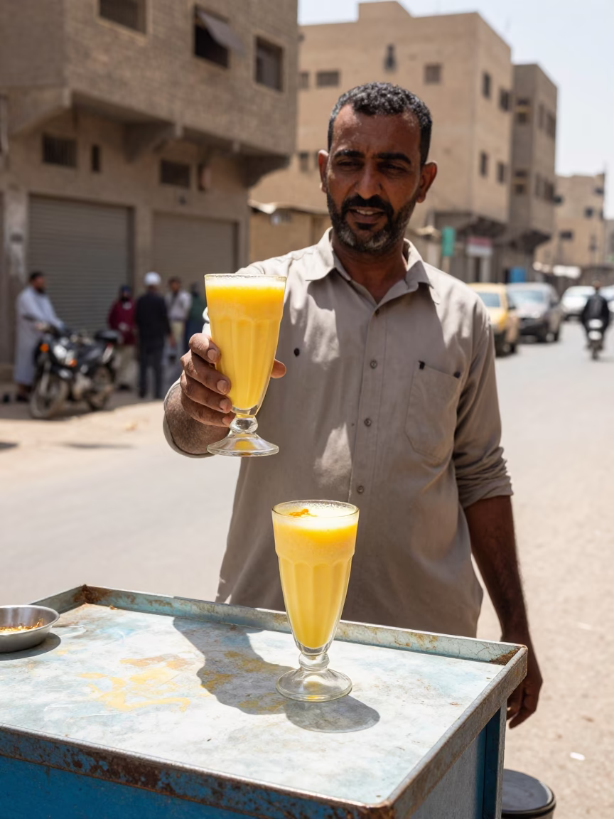 Cairo Street Vendor Serving Mango Lassi in Bright Midmorning Light with Glass Tumbler in in Cairo, Egypt