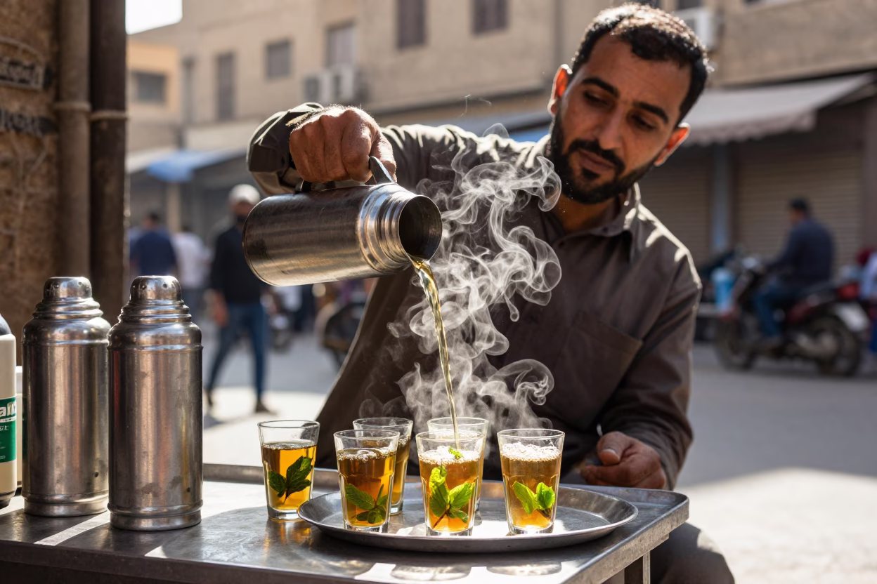 Cairo Street Vendor Serving Mint Tea with Thermos and Woven Cane Mat in in Cairo, Egypt