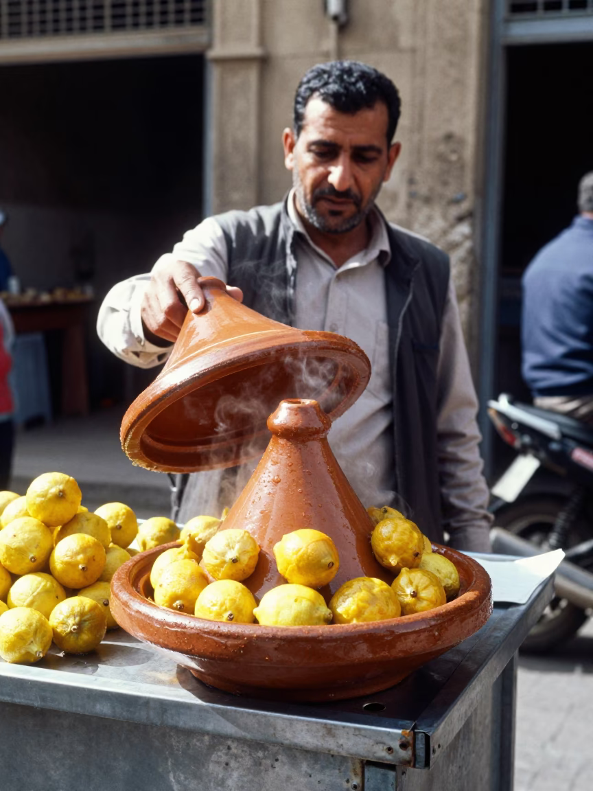 Cairo street vendor serving tagine with preserved lemons under bright noon sun in in Cairo, Egypt
