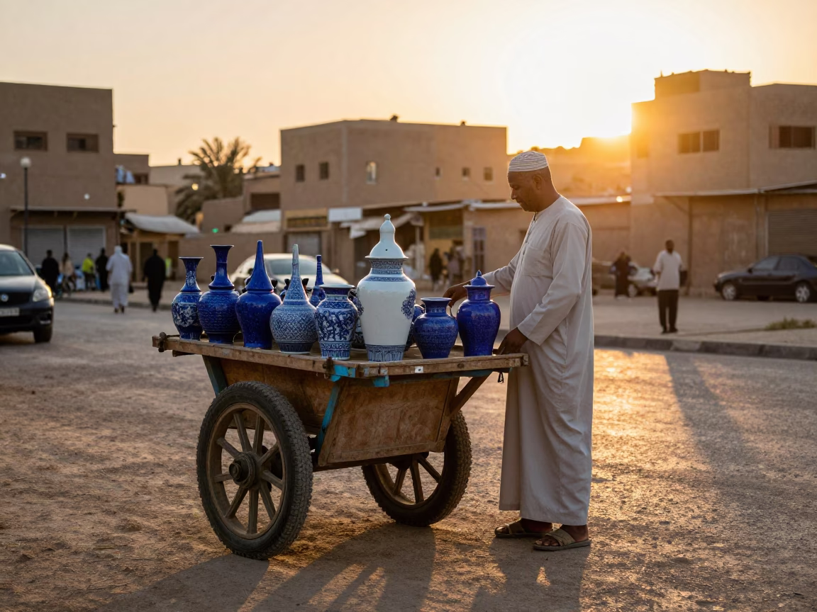 Cairo Street Vendor Sunset Scene with Blue Porcelain and Wicker Basket in in Cairo, Egypt