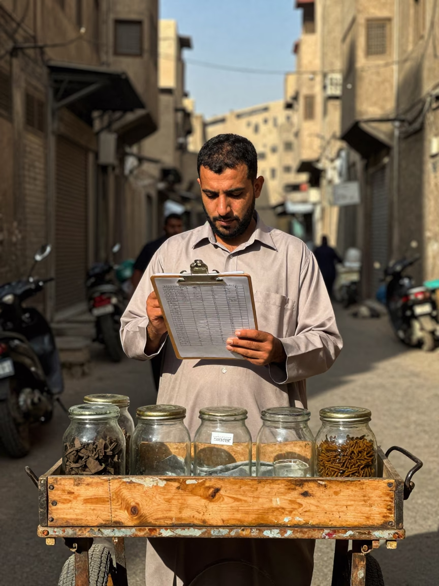 Cairo Street Vendor with Clipboard and Glass Jar in Late Afternoon Sunlight in in Cairo, Egypt