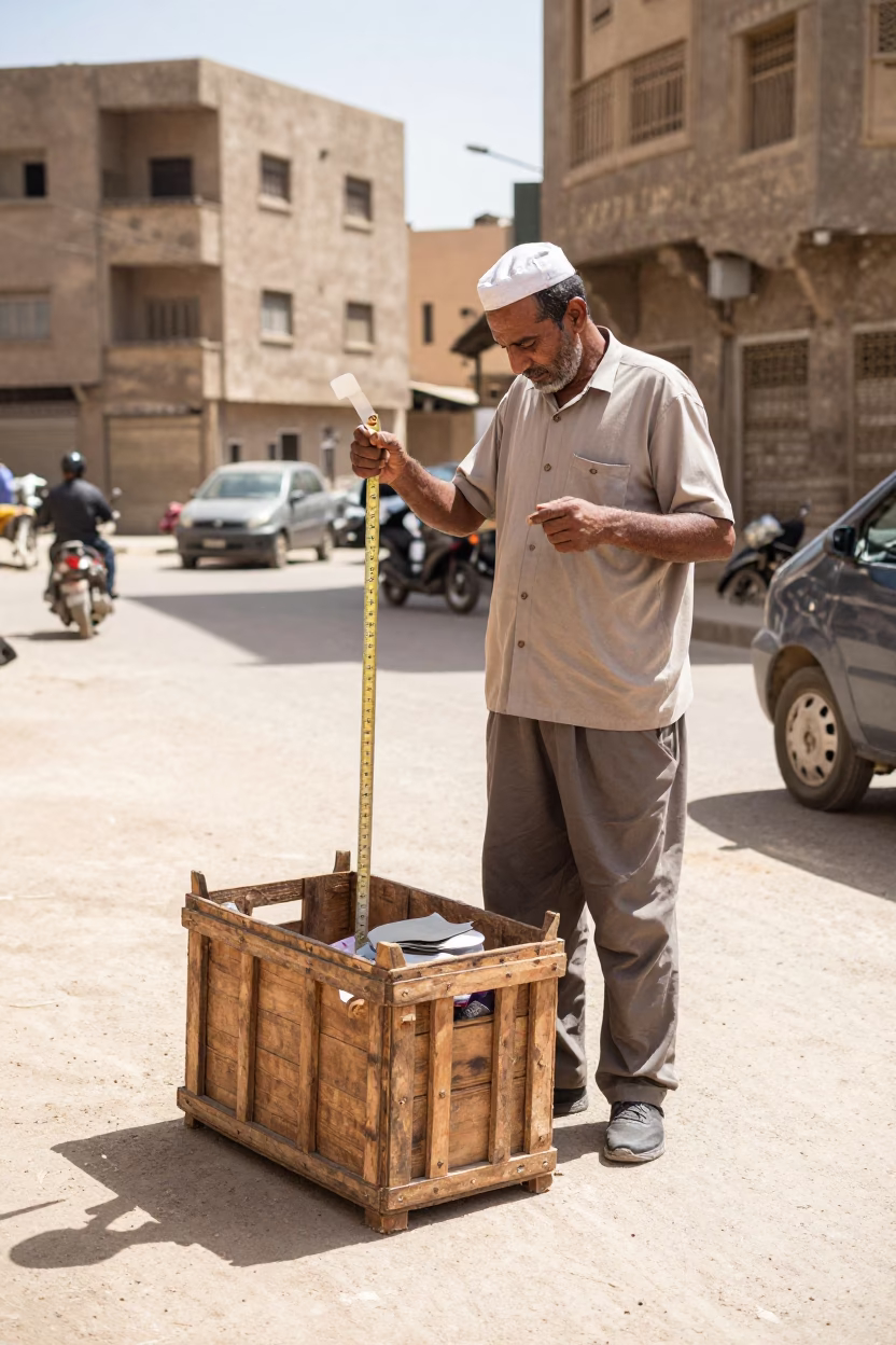 Cairo Street Vendor with Wooden Crate and Folding Ruler in Bright Midmorning Light in in Cairo, Egypt