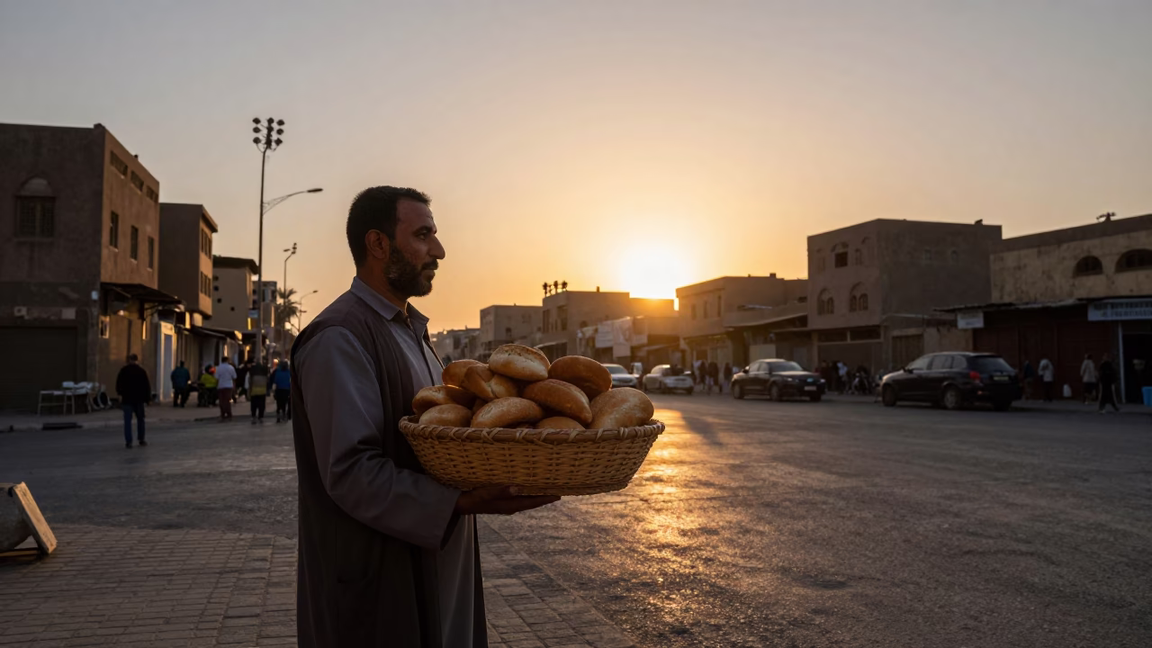 Cairo Street Vendor with Woven Bread Basket at Sunset in in Cairo, Egypt