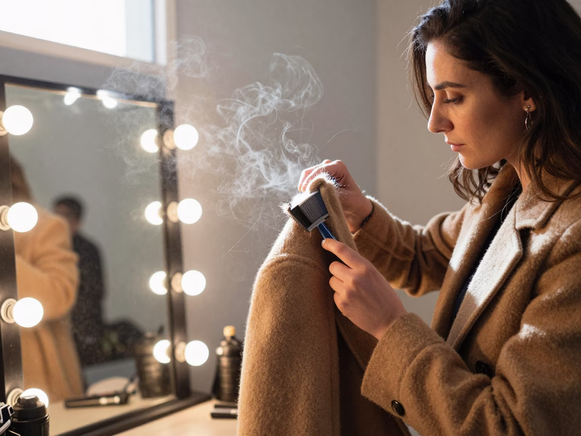 Cairo Stylist Grooming Camel Coat Mirror Light in beside a mirror lined with makeup bulbs in Cairo