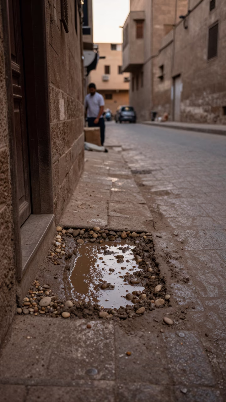 Cairo summer evening street scene with pebbles in mud and rustic details in in Cairo, Egypt