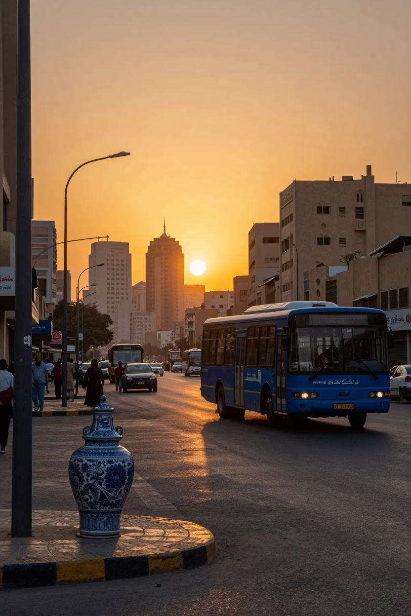 Cairo Sunset Street Scene with Blue Porcelain Jar and Classic Bus in in Cairo, Egypt