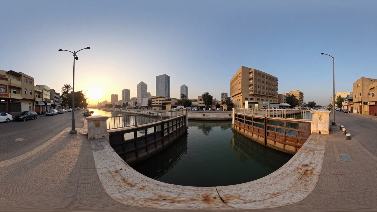 Cairo Sunset Street Scene with Canal Lock Gate and Garden Hose in in Cairo, Egypt