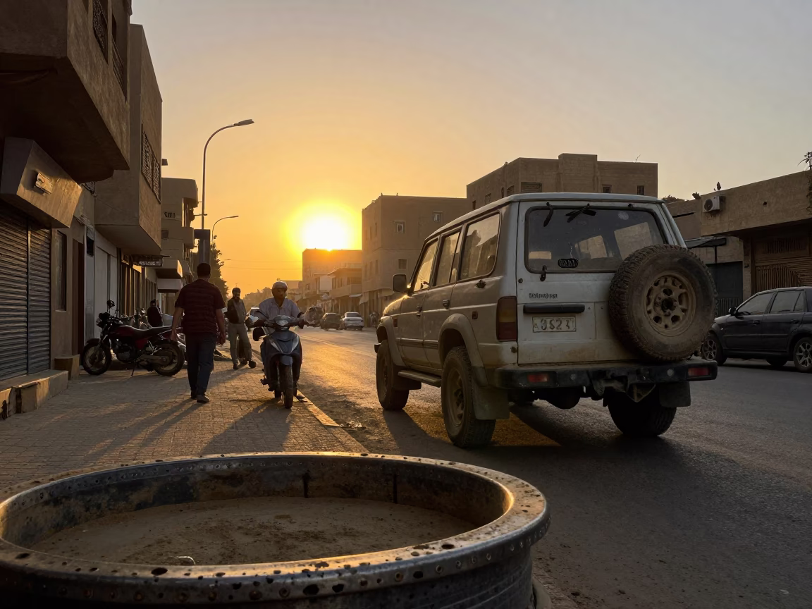 Cairo Sunset Street Scene with Dented Metal Rim and Vintage SUV in in Cairo, Egypt