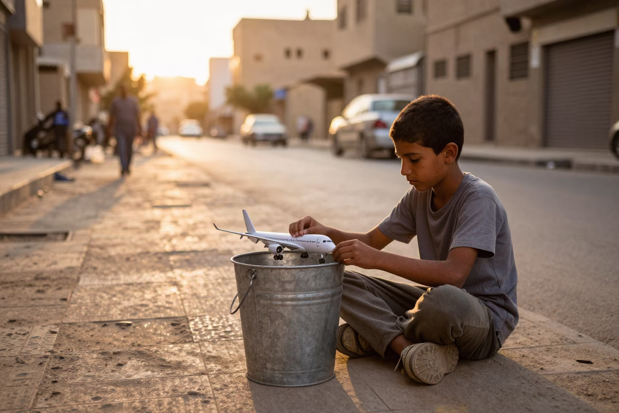 Cairo Sunset Street Scene with Metal Bucket and Model Airplane Near Nile in in Cairo, Egypt