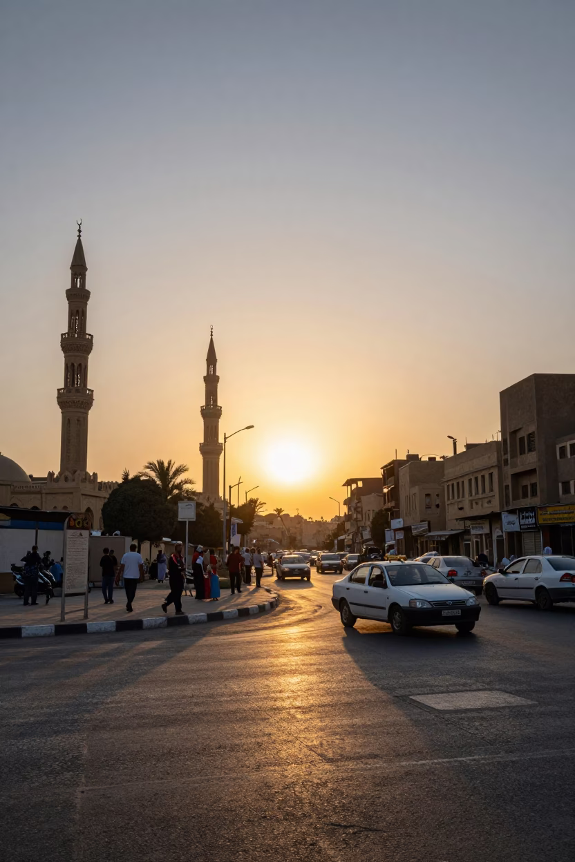 Cairo Sunset Street Scene with Minarets and Local Traffic in in Cairo, Egypt