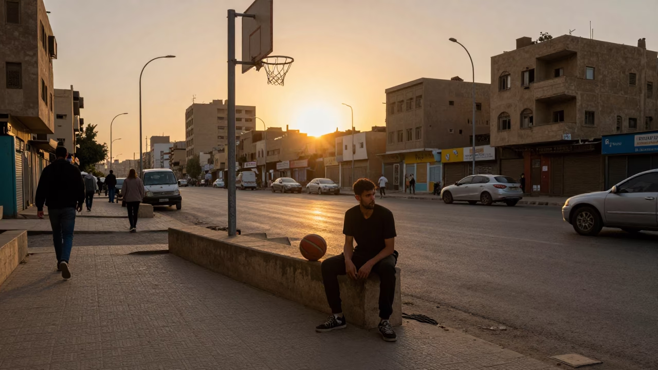 Cairo Sunset Street Scene with Old Leather Basketball and Blankets in in Cairo, Egypt