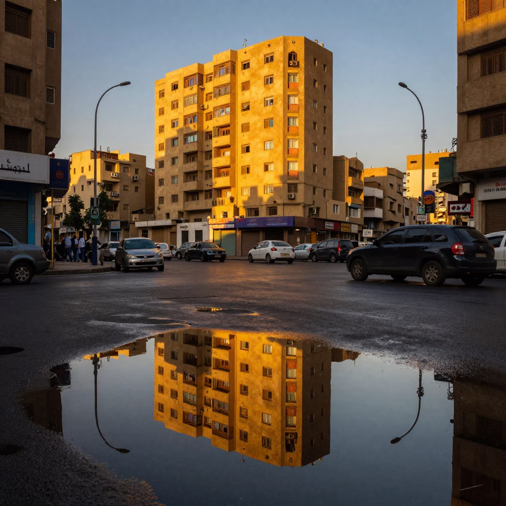 Cairo Sunset Street Scene with Puddle Reflections of Hotel Windows and Tail Lights in in Cairo, Egypt