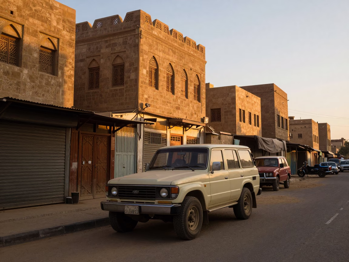 Cairo Sunset Street Scene with Vintage SUV and Local Market Activity in in Cairo, Egypt