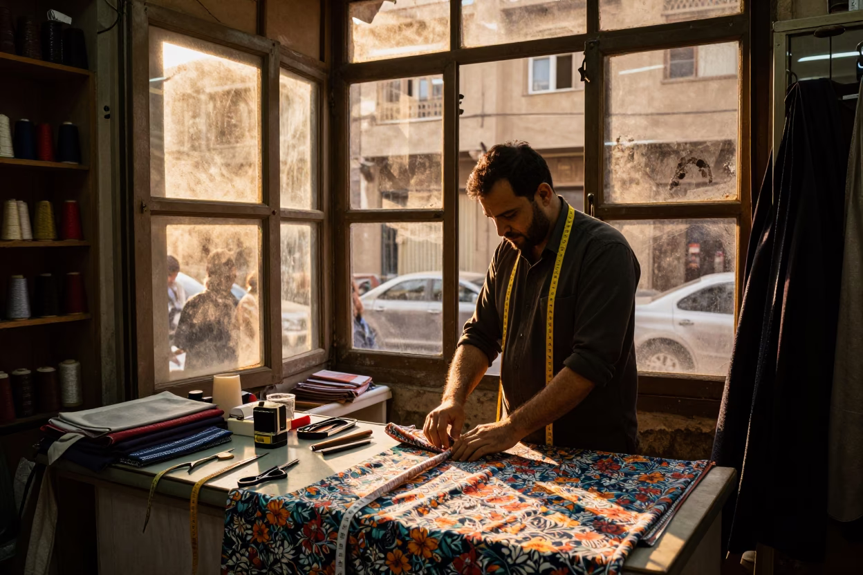 Cairo Tailor Shop Interior with Measuring Tape and Shears in Evening Light in in Cairo, Egypt