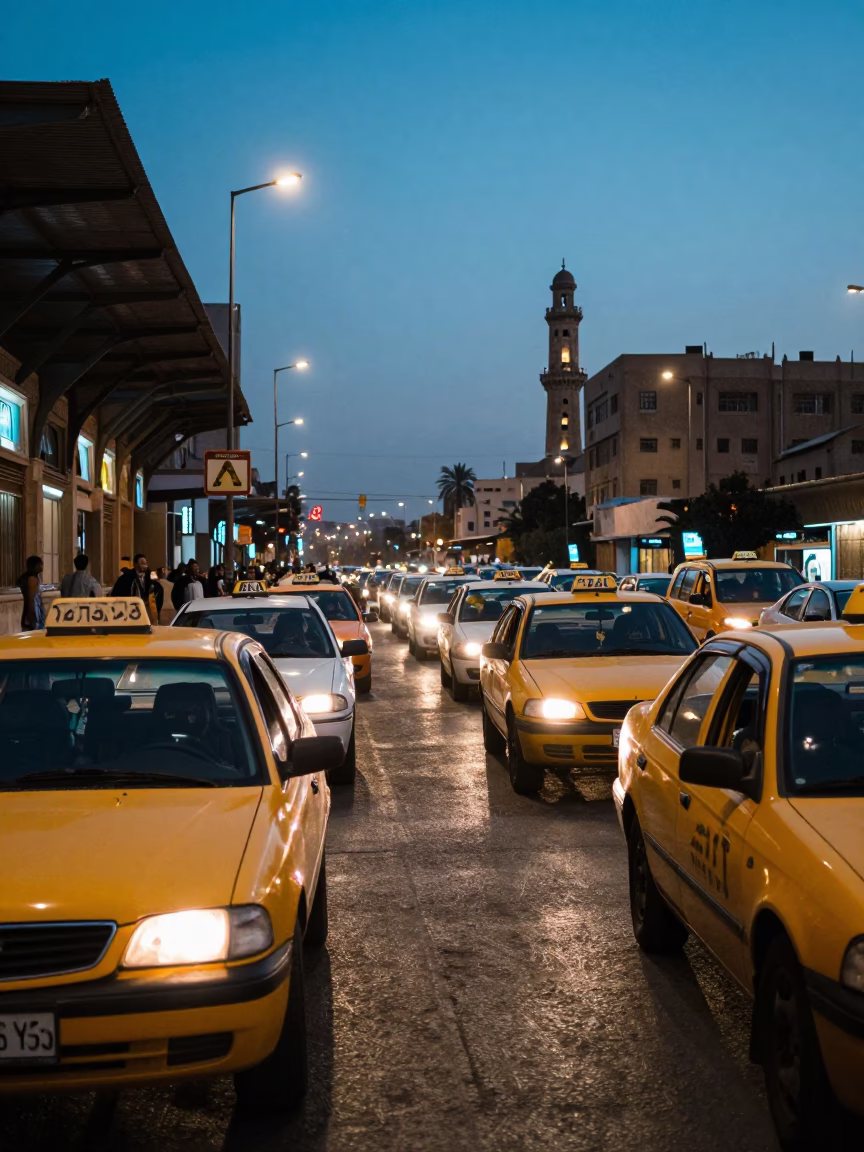 Cairo Taxi Rank at Twilight with Yellow Cabs and Minarets in in Cairo, Egypt