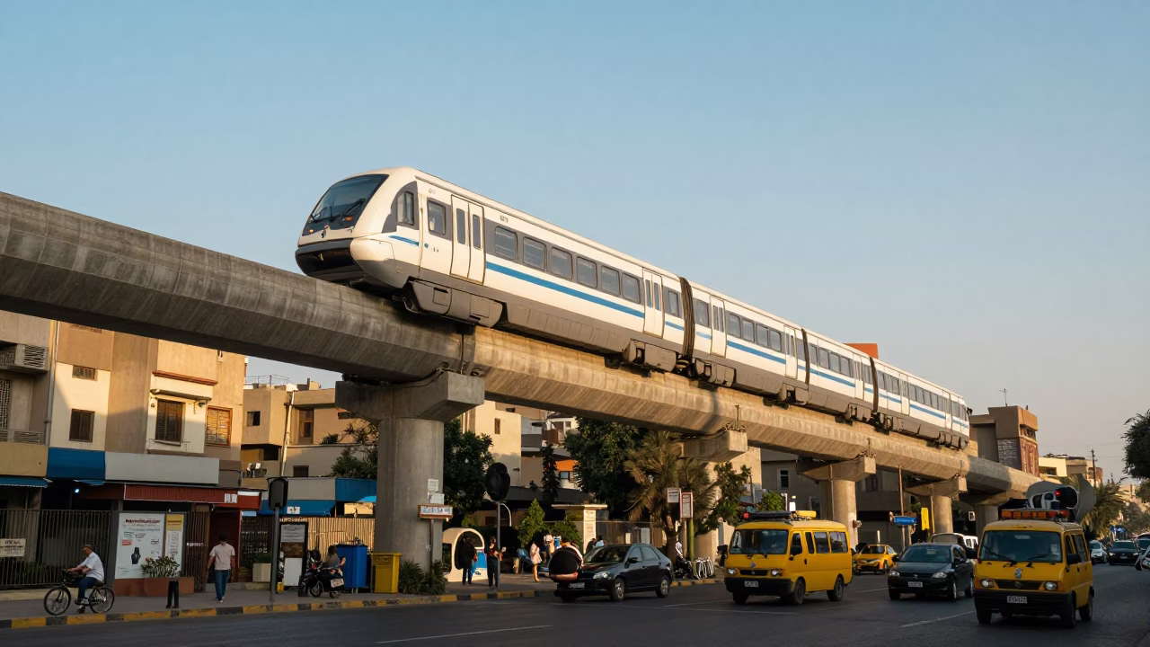 Cairo Train Passing at Clear Late-afternoon Light in in Cairo, Egypt