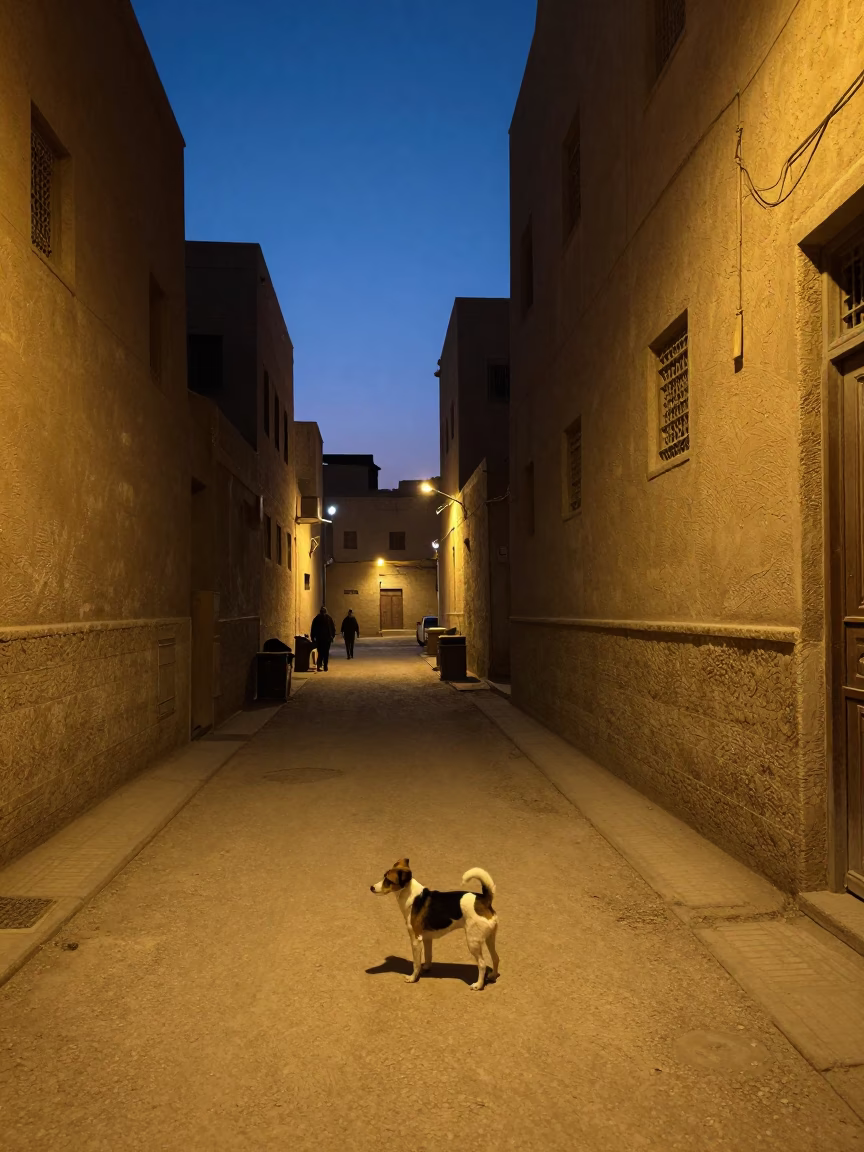 Cairo Twilight Street Scene with Rat Terrier and Traditional Architecture in in Cairo, Egypt