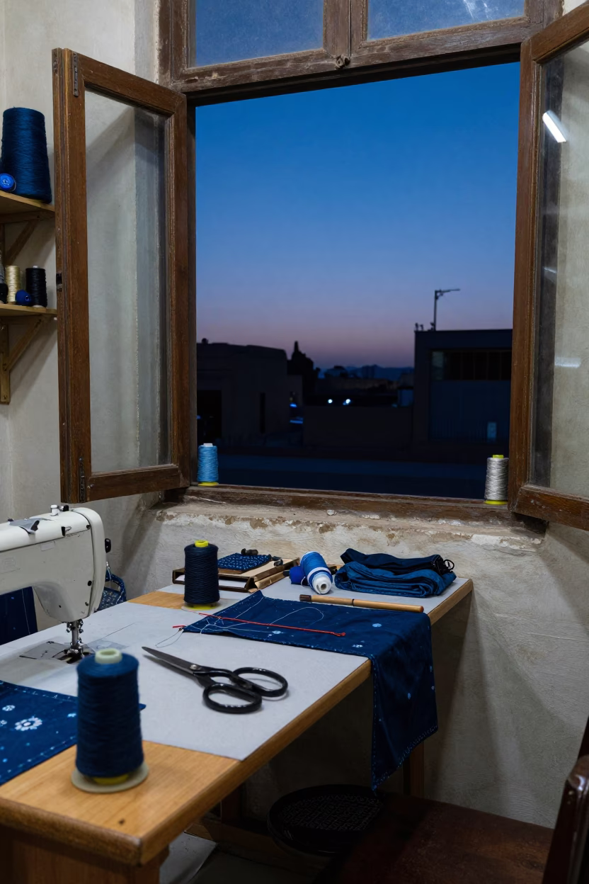 Cairo Workshop Interior at Indigo Twilight with Traditional Sewing Tools and Basil in in Cairo, Egypt