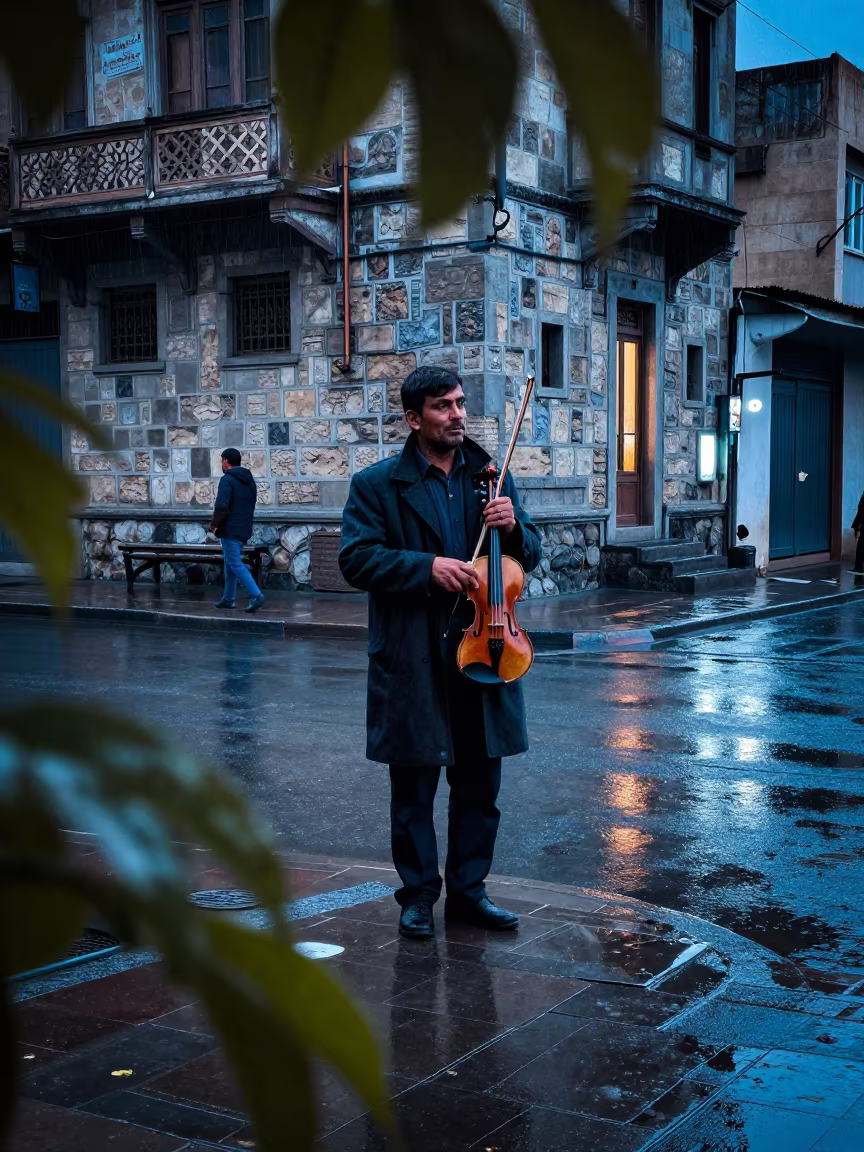 Cajun Fiddler on Peshawar Street Corner Evening in at a street corner busking spot in Peshawar