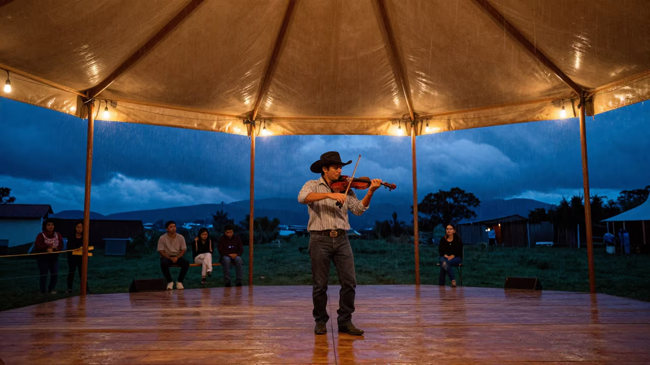 Cajun Fiddler Plays Two-Step in Quito Tent in under a circus tent in La Floresta, Quito