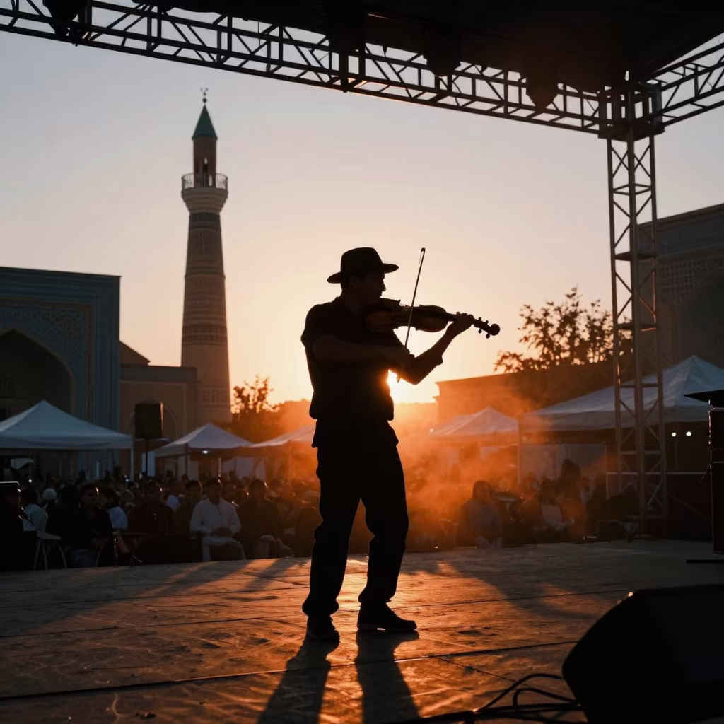 Cajun Fiddler Silhouette at Namangan Sunset Festival in on a festival main stage in Namangan