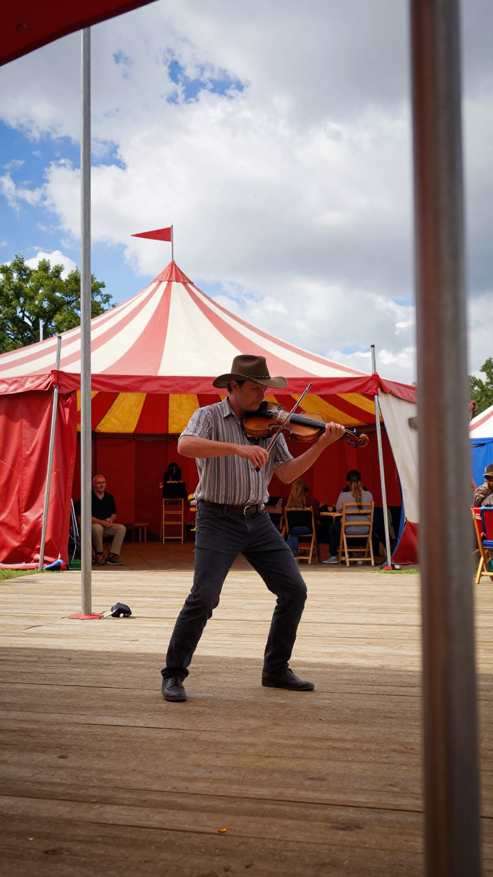 Cajun Fiddler Plays Two-Step Under Circus Tent in under a circus tent in Nottingham