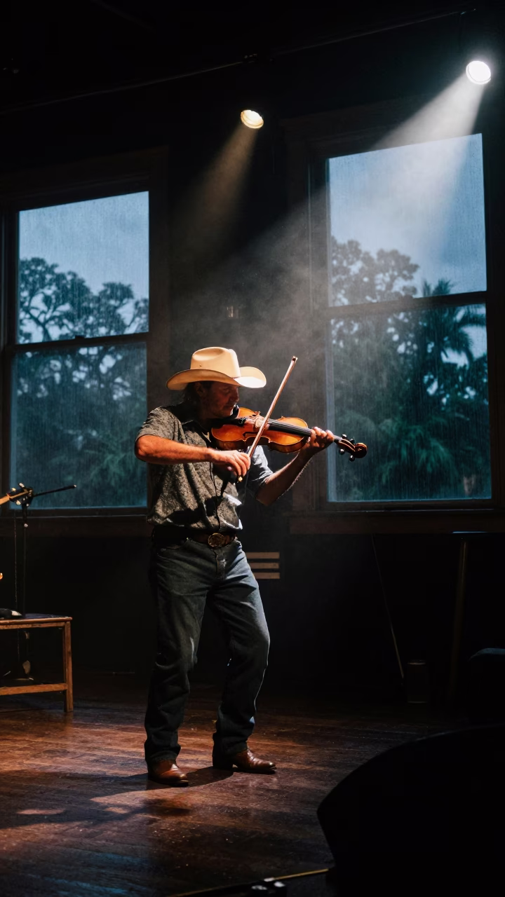 Cajun Fiddler Plays Two-Step in Keren Bayou Hall in on a dimly lit stage in Keren