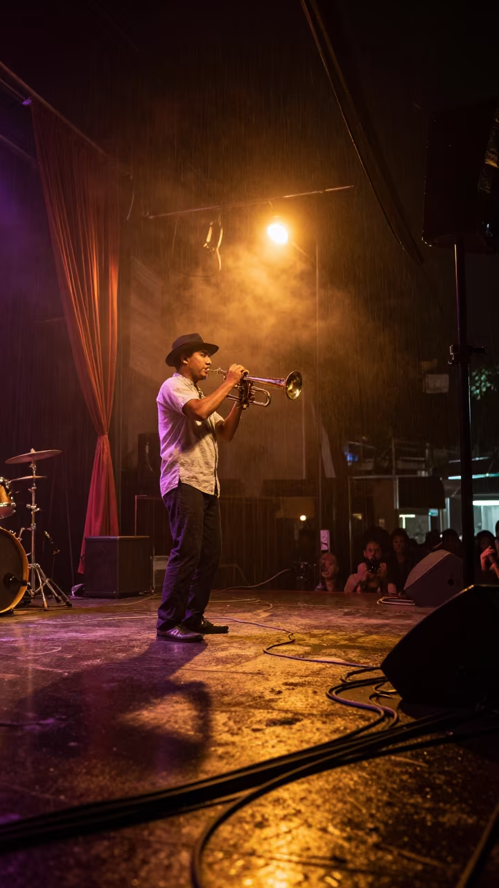 Cajun Musician Plays Triangle on Dim Stage in on a dimly lit stage in Tainan