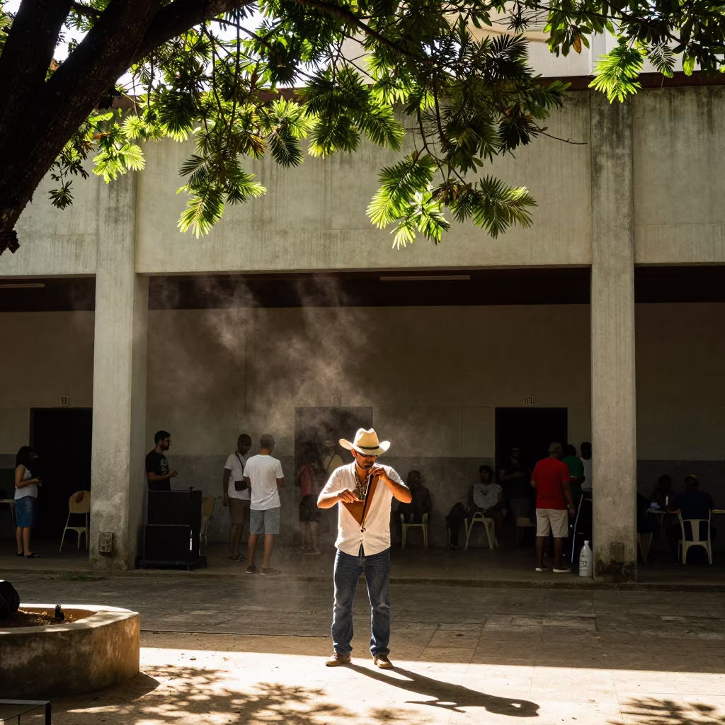 Cajun Musician Playing Triangle in Recife Hall in in a concert hall in Recife