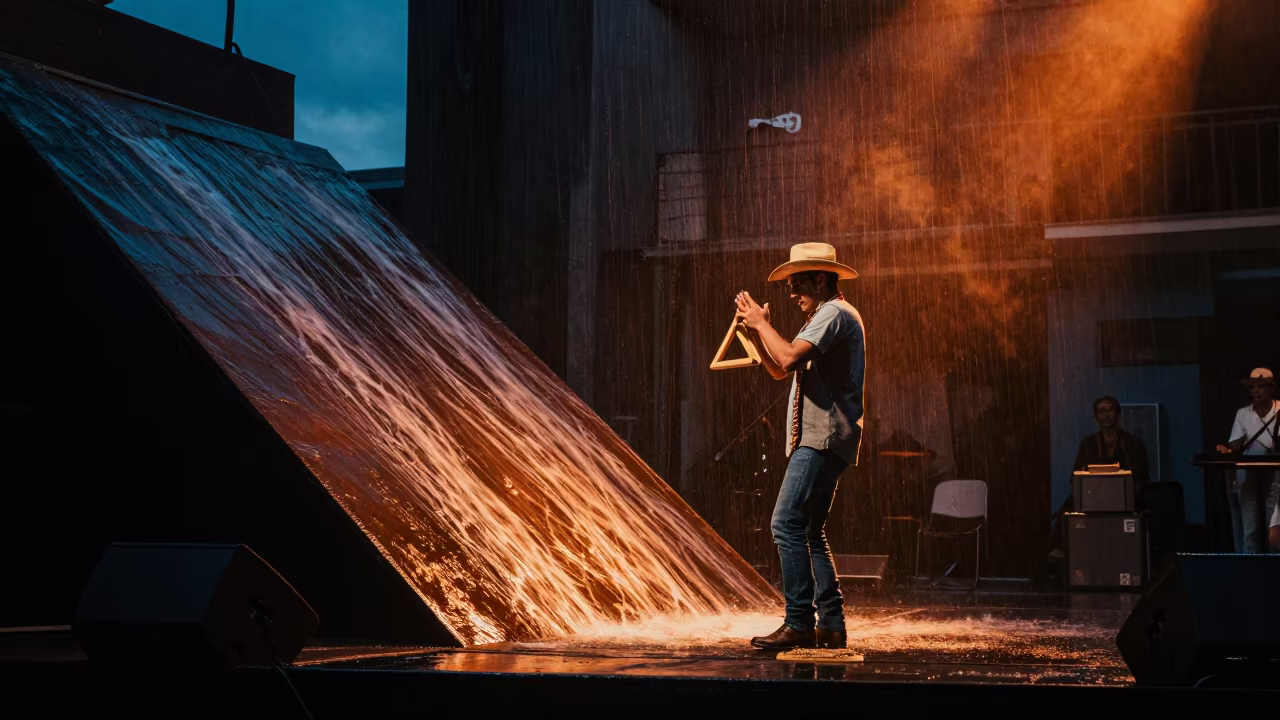Cajun Triangle Player in Indigo Twilight in on a dimly lit stage in Ambato