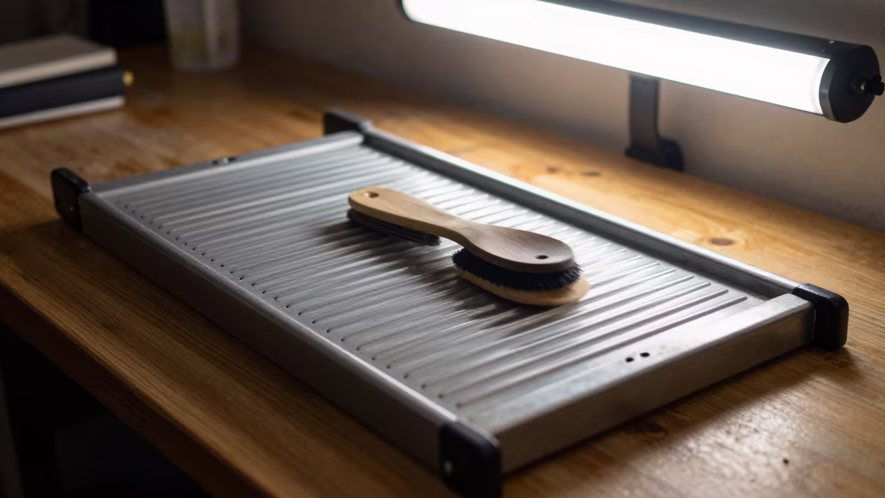 Cajun Washboard on Palermo Soho Workbench in on a wooden workbench in Palermo Soho, Buenos Aires