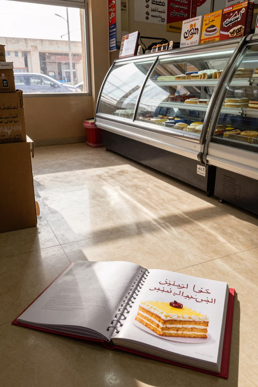 Cake Book Binder on Damietta Checkout Floor Afternoon in at a checkout lane under flat store light in Damietta