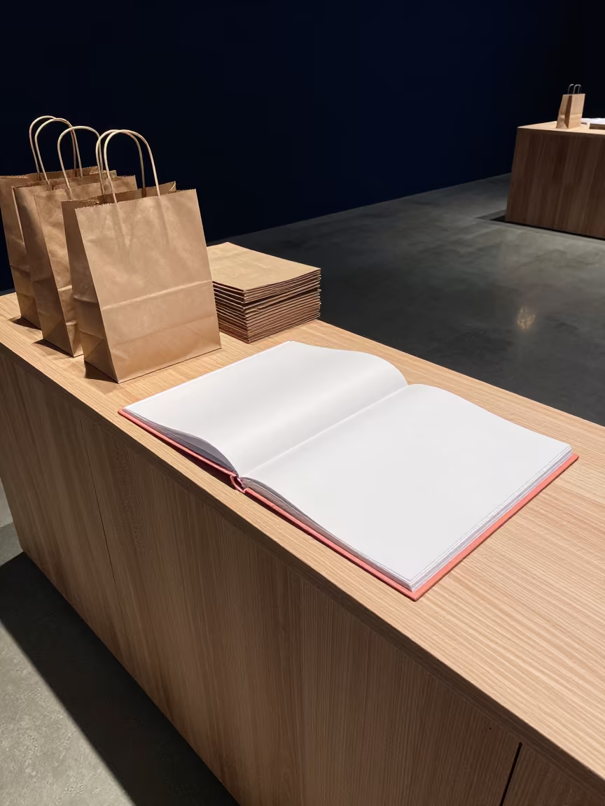 Cake Book Sample Binder on Cash Wrap in at a cash wrap counter with bags stacked nearby in Basel