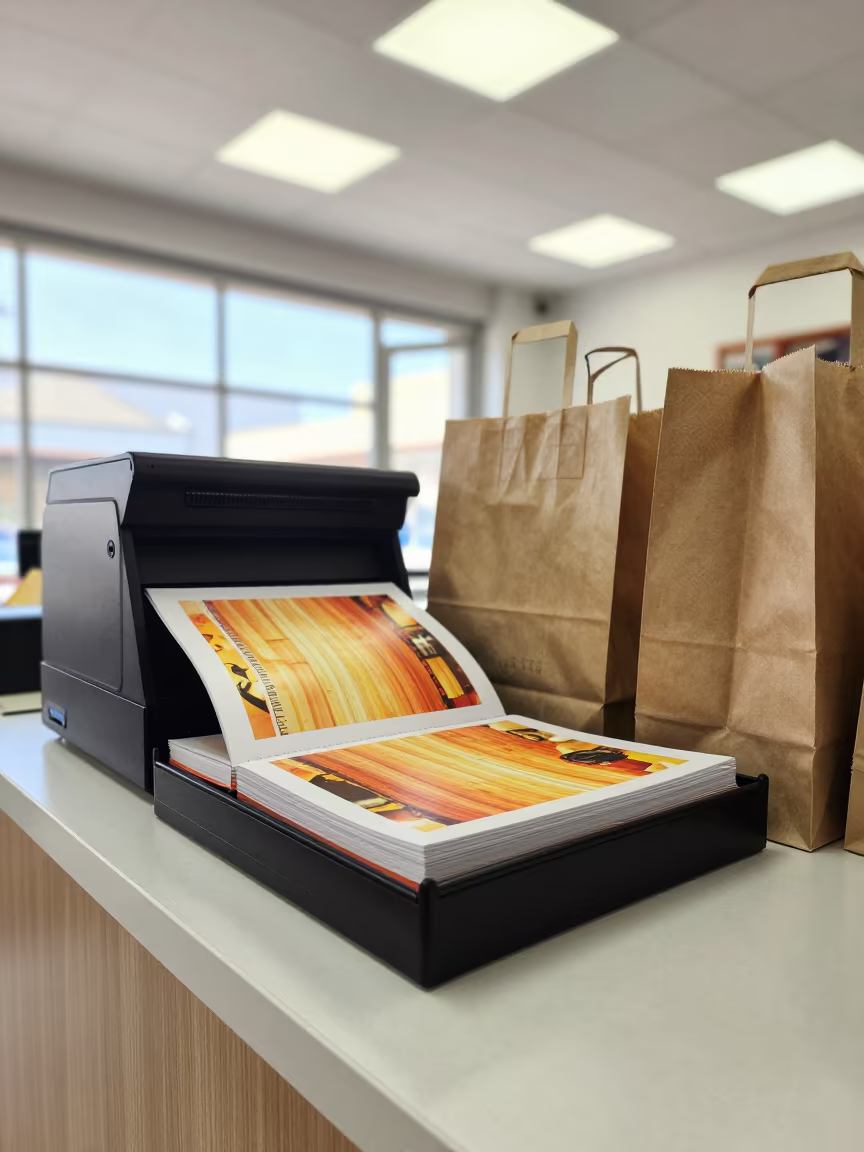 Cake Sample Binder at Giza Cash Wrap Counter in at a cash wrap counter with bags stacked nearby near Giza