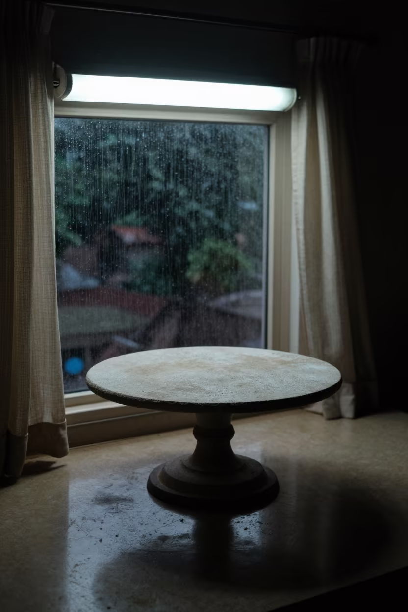 Cake Stand on Stone Slab by Curtained Window in on a writing desk in Rajkot