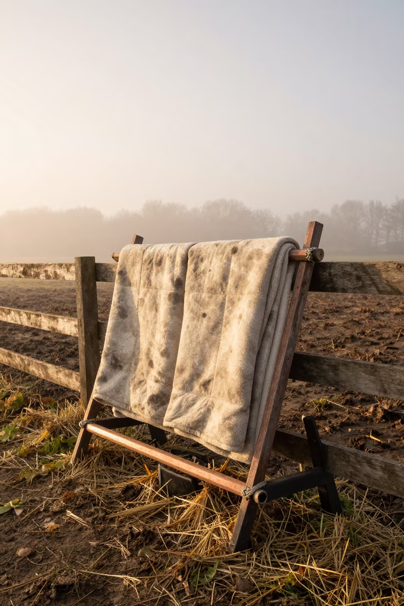 Calf Blanket Rack in Belgian Autumn Barn in along a muddy paddock fence in Belgium