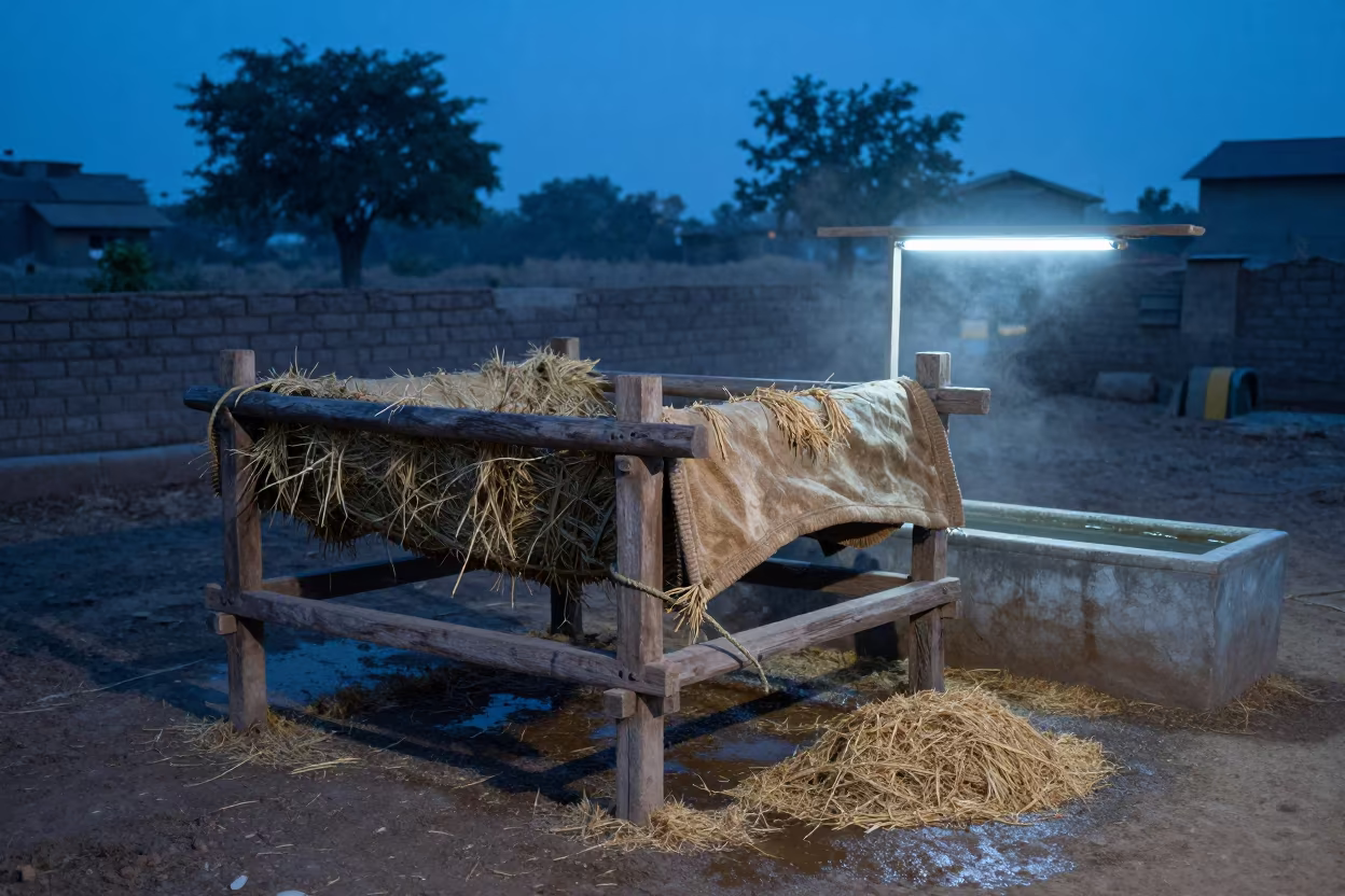 Calf Blanket Rack in Gujarat Twilight in near a windbreak and water trough in Gujarat