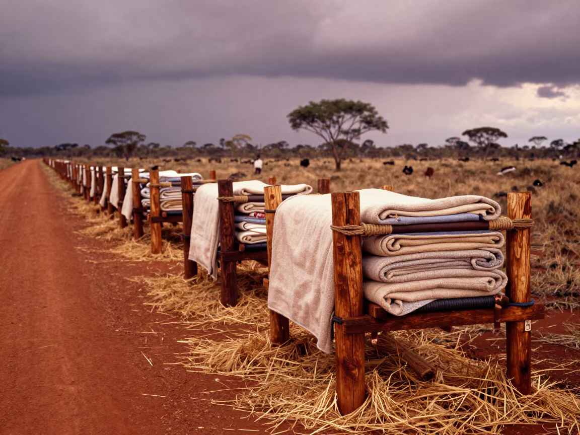 Calf Blanket Rack in Rainy Season Dusk Light in along a feedlot lane in Northern Territory