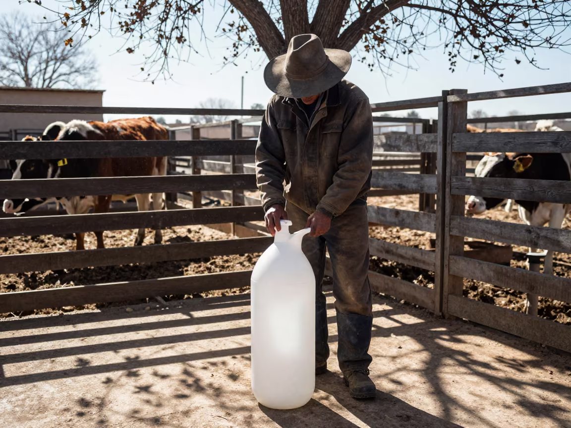 Calf Bottle Washer Pause in Spanish Corral in inside a ranch corral in Spain