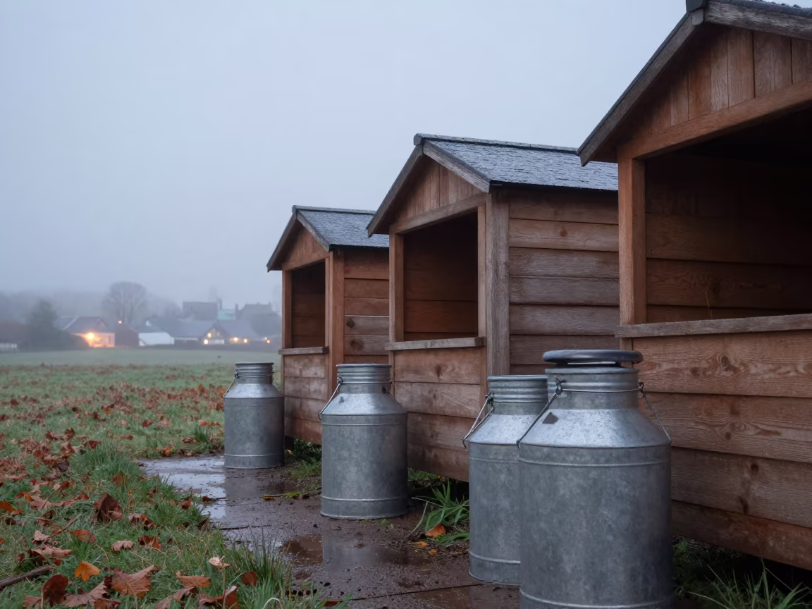 Calf Hutches in Brittany Sleet with Milk Buckets in beside a pasture gate in Brittany