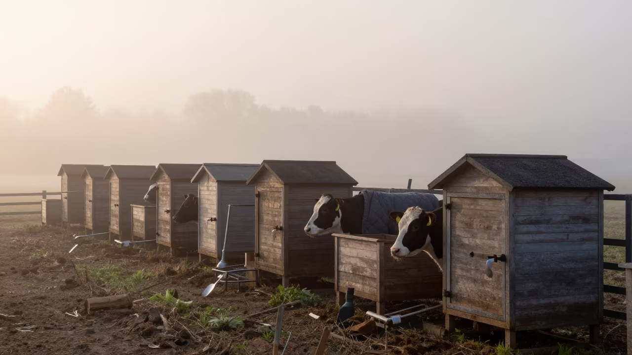 Calf Hutches in Dawn Mist French Ranch in inside a ranch corral in France
