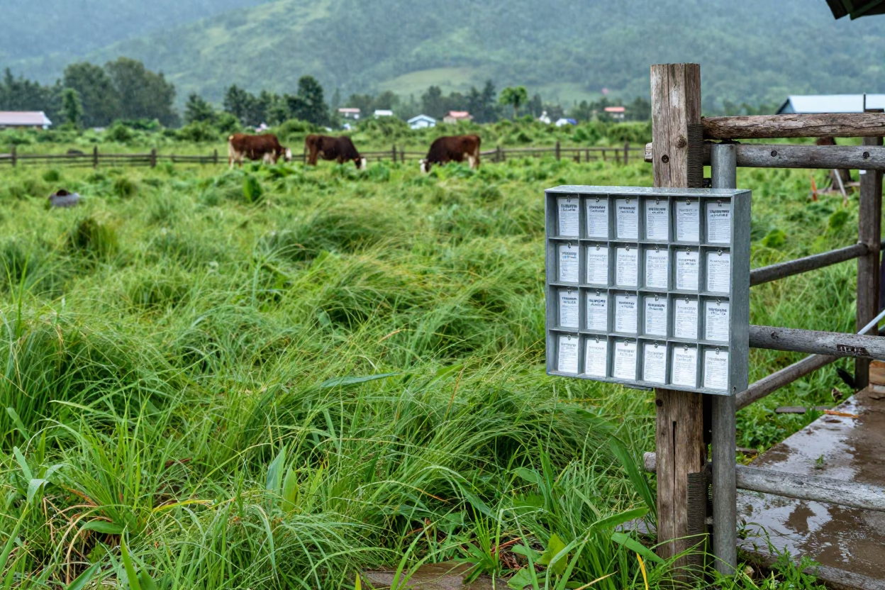 Calf ID Tag Organizer in Sikkim Corral After Rain in inside a ranch corral in Sikkim